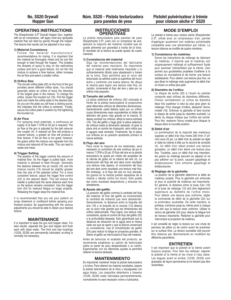 No. ss20 drywall hopper gun, Operating instructions, Maintenance | Mode d’emploi, Entretien, Instrucciones operativas, Mantenimiento | Marshalltown SS20 SharpShooter 2.0 User Manual | Page 3 / 4