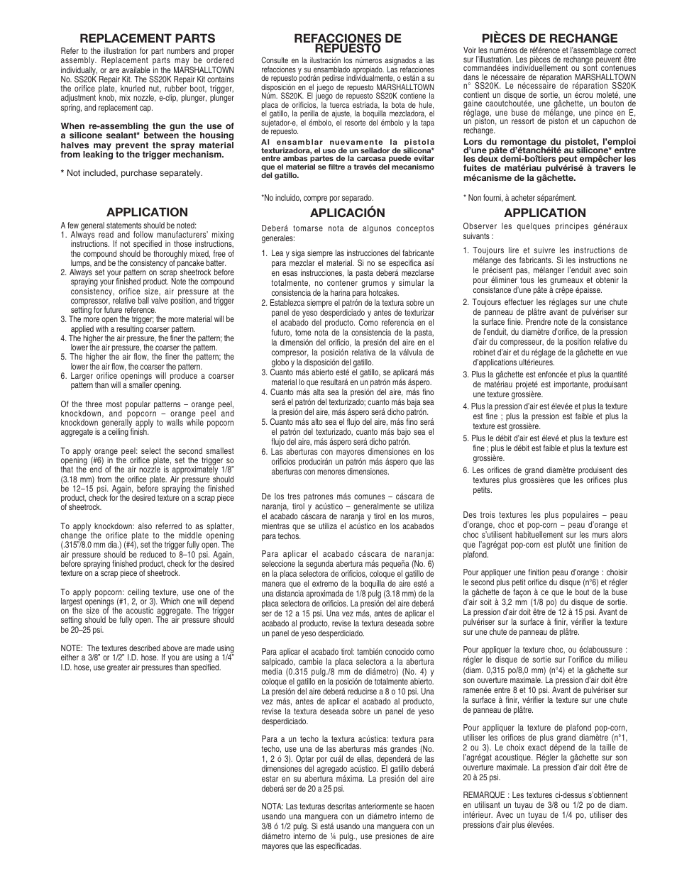 Application, Replacement parts, Pièces de rechange | Aplicación, Refacciones de repuesto | Marshalltown SS20 SharpShooter 2.0 User Manual | Page 4 / 4