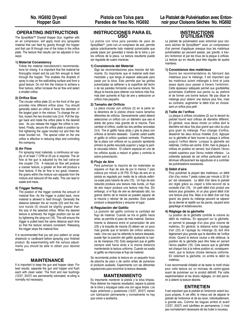 Operating instructions, Maintenance, Instructions d’utilisation | Entretien, Instrucciones para el uso, Mantenimiento | Marshalltown HG692 Spray Mate User Manual | Page 2 / 4