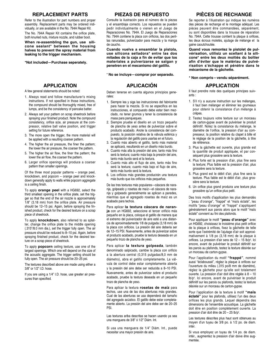 Application, Replacement parts, Piezas de repuesto | Pièces de rechange, Aplicación | Marshalltown HG692 Spray Mate User Manual | Page 3 / 4