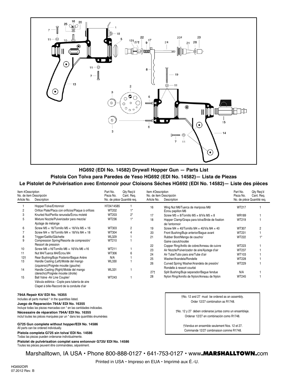 Printed in usa • impreso en eua • imprimé aux é.-u | Marshalltown HG692 Spray Mate User Manual | Page 4 / 4