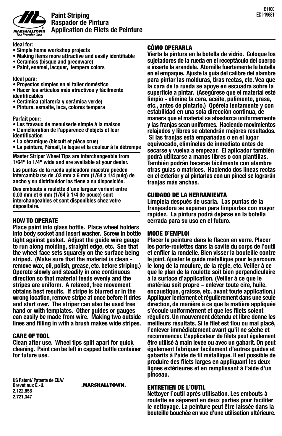 Marshalltown E1100 Single and Double Line Stripers User Manual | 1 page