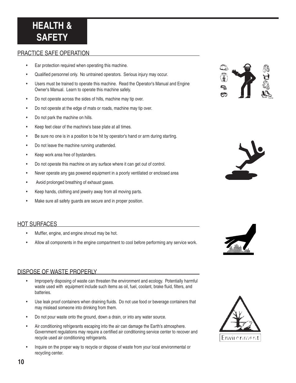 Health & safety, Practice safe operation, Hot surfaces | Dispose of waste properly | Marshalltown PC3000T Tectonic Plate Compactor Owner's Manual User Manual | Page 10 / 24