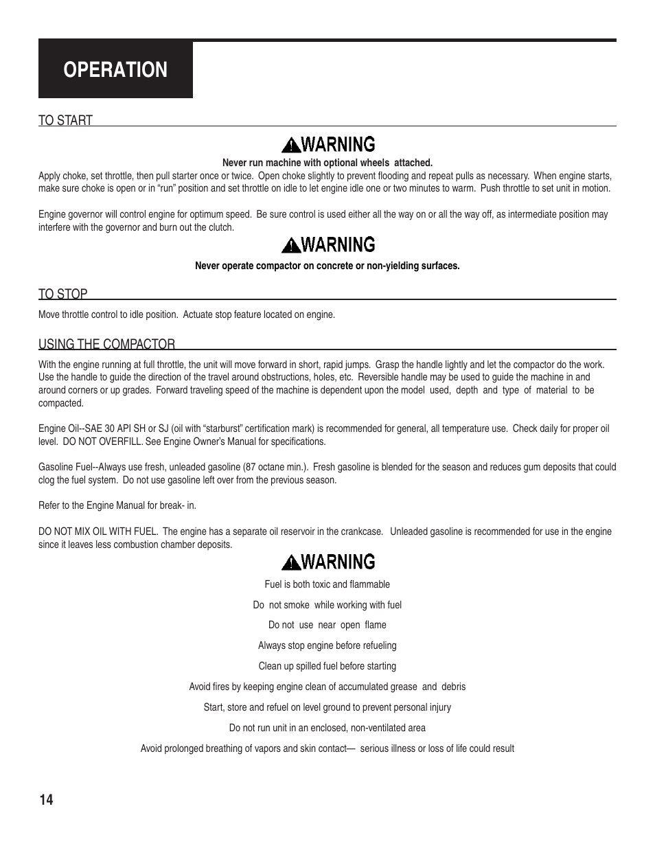 Operation, Using the compactor | Marshalltown PC3000T Tectonic Plate Compactor Owner's Manual User Manual | Page 14 / 24