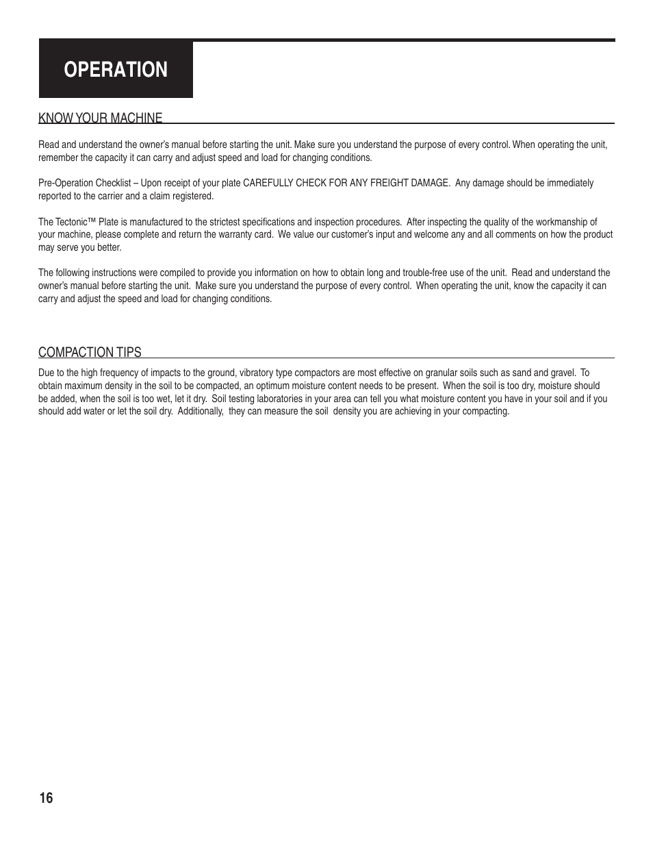 Operation | Marshalltown PC3000T Tectonic Plate Compactor Owner's Manual User Manual | Page 16 / 24