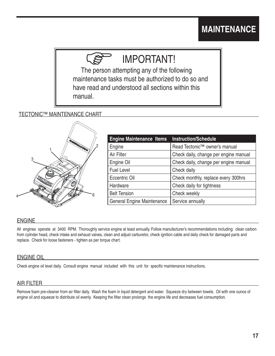 Important, Maintenance | Marshalltown PC3000T Tectonic Plate Compactor Owner's Manual User Manual | Page 17 / 24