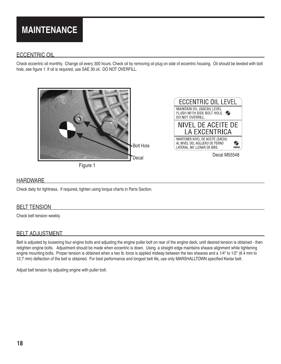 Maintenance, Notice, Aviso | Set engine speed to, Ajuste la velocidad del motor a, Notice aviso, Eccentric oil, Hardware, Belt tension, Belt adjustment | Marshalltown PC3000T Tectonic Plate Compactor Owner's Manual User Manual | Page 18 / 24