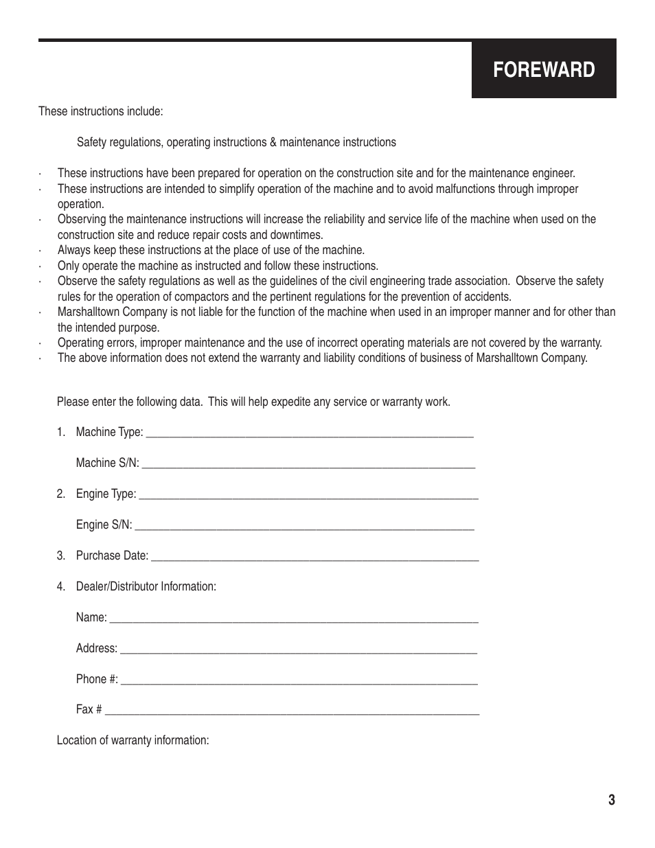 Foreward | Marshalltown PC3000T Tectonic Plate Compactor Owner's Manual User Manual | Page 3 / 24