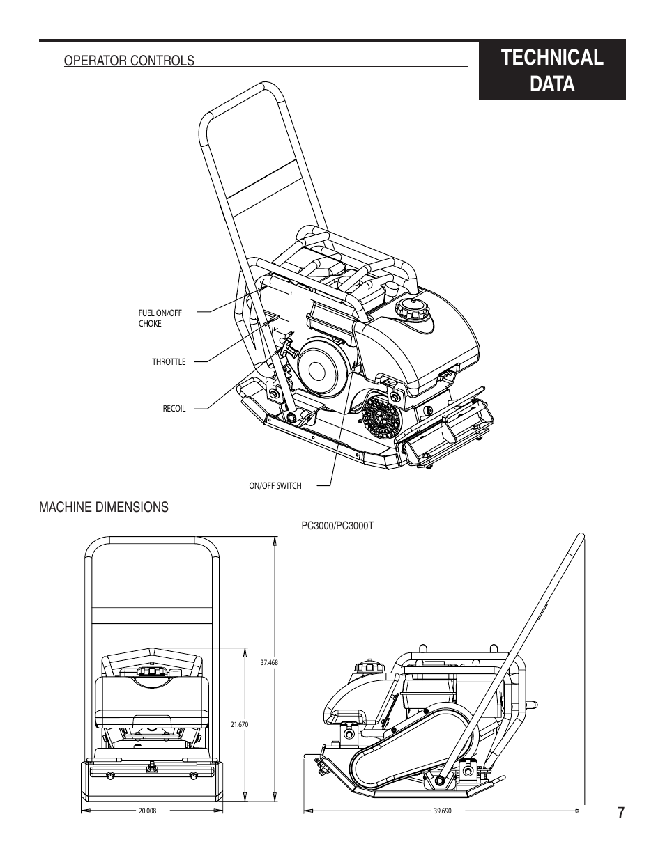 Technical data, Operator controls machine dimensions | Marshalltown PC3000T Tectonic Plate Compactor Owner's Manual User Manual | Page 7 / 24