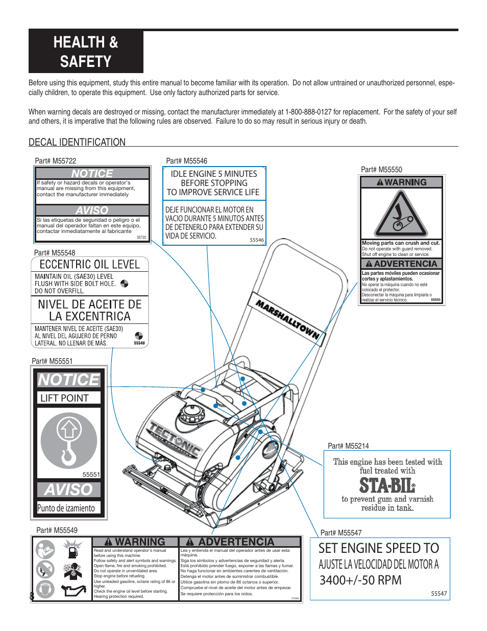 Health & safety, Notice, Aviso | Set engine speed to, Ajuste la velocidad del motor a, Notice aviso, Decal identification, Lift point, Punto de izamiento | Marshalltown PC3000T Tectonic Plate Compactor Owner's Manual User Manual | Page 8 / 24