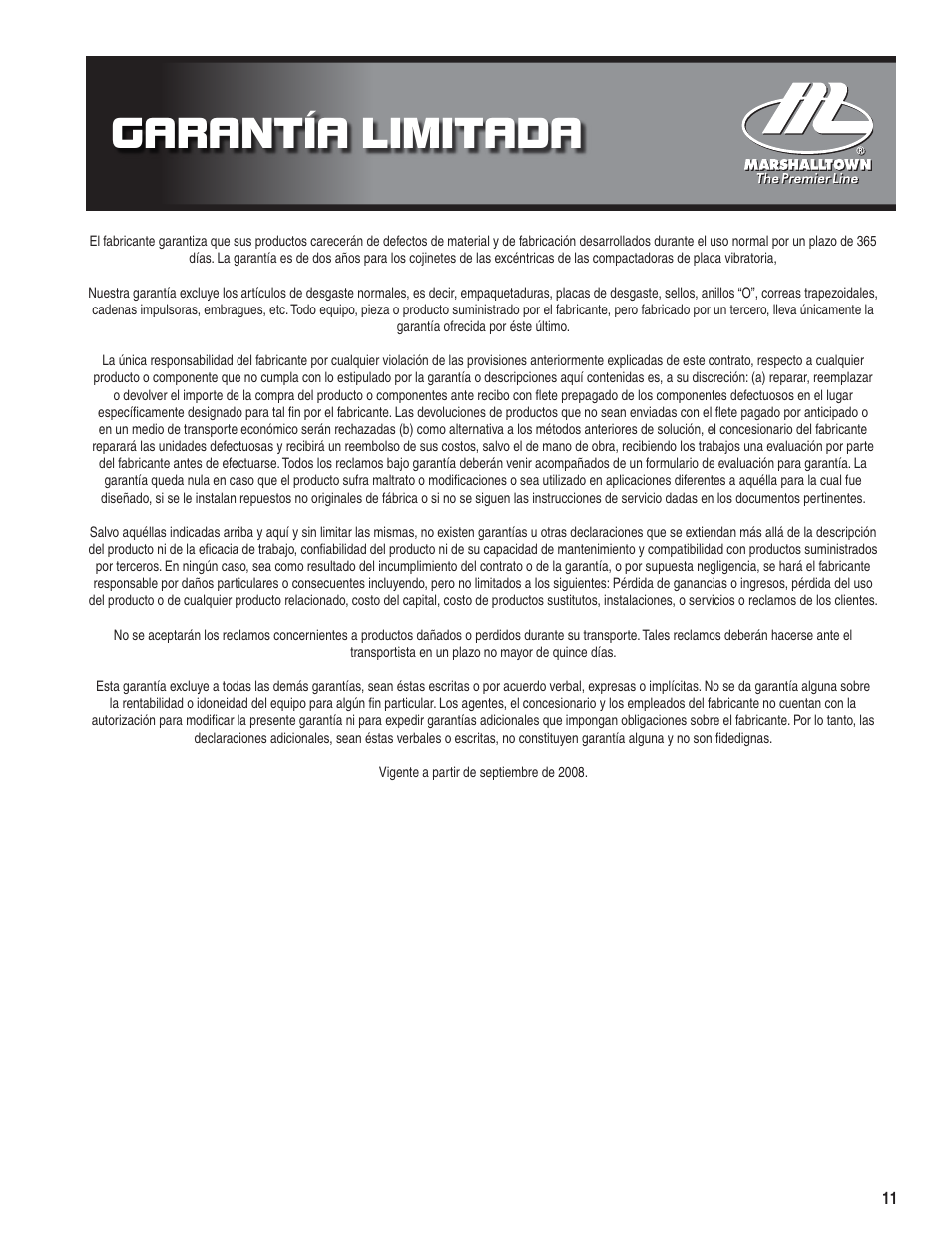 Garantía limitada | Marshalltown PC3000T Parts Manual User Manual | Page 11 / 36