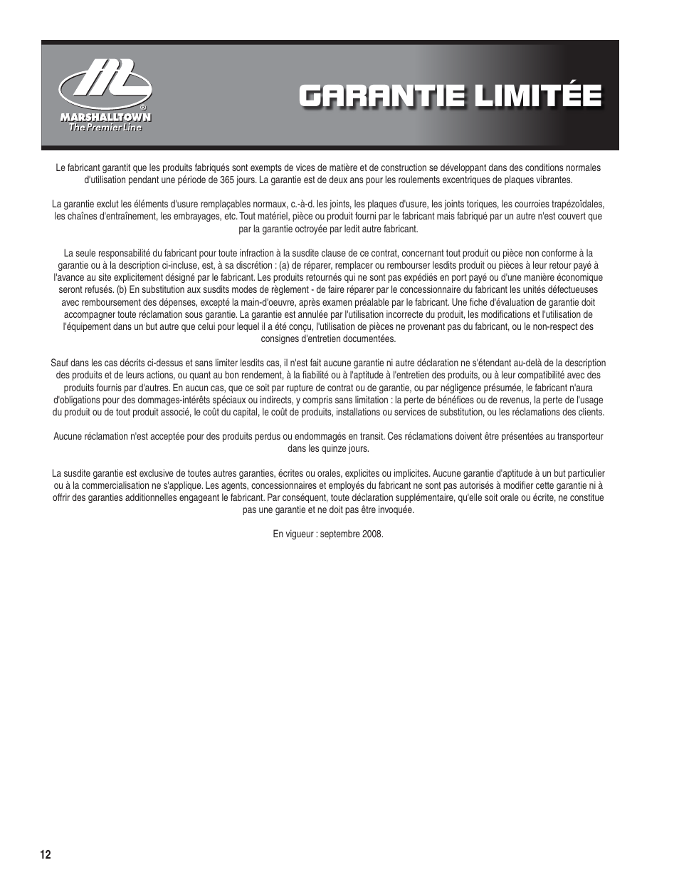 Garantie limitée | Marshalltown PC3000T Parts Manual User Manual | Page 12 / 36