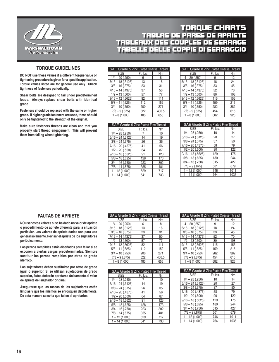 Torque charts, Torque guidelines, Pautas de apriete | Marshalltown PC3000T Parts Manual User Manual | Page 16 / 36