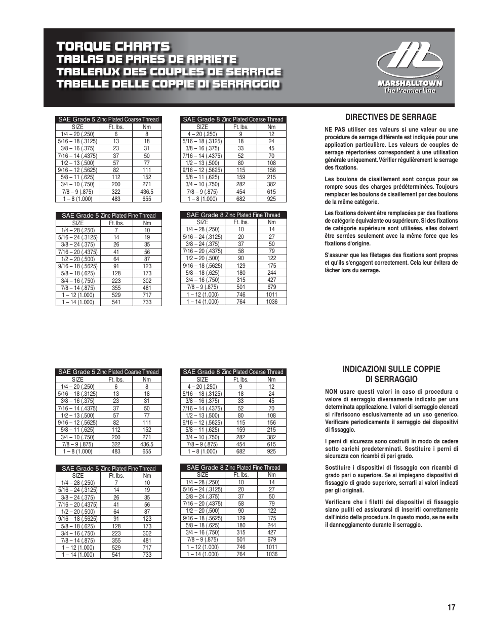 Torque charts, Directives de serrage, Indicazioni sulle coppie di serraggio | Marshalltown PC3000T Parts Manual User Manual | Page 17 / 36