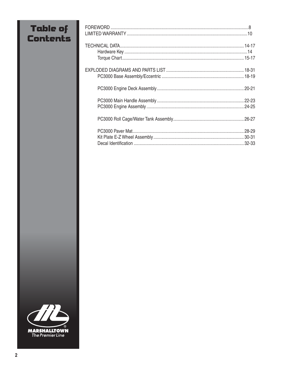 Marshalltown PC3000T Parts Manual User Manual | Page 2 / 36