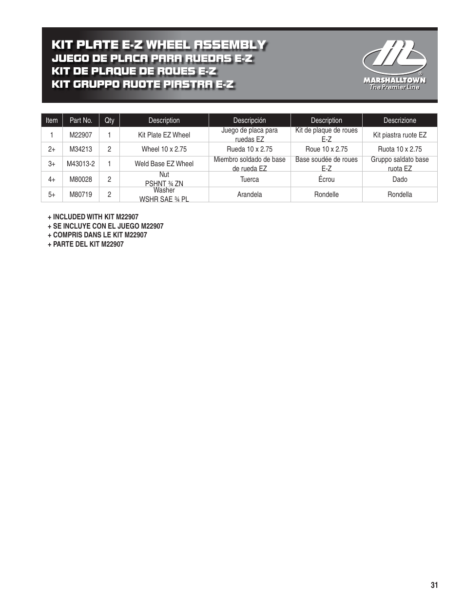 Kit plate e-z wheel assembly | Marshalltown PC3000T Parts Manual User Manual | Page 31 / 36