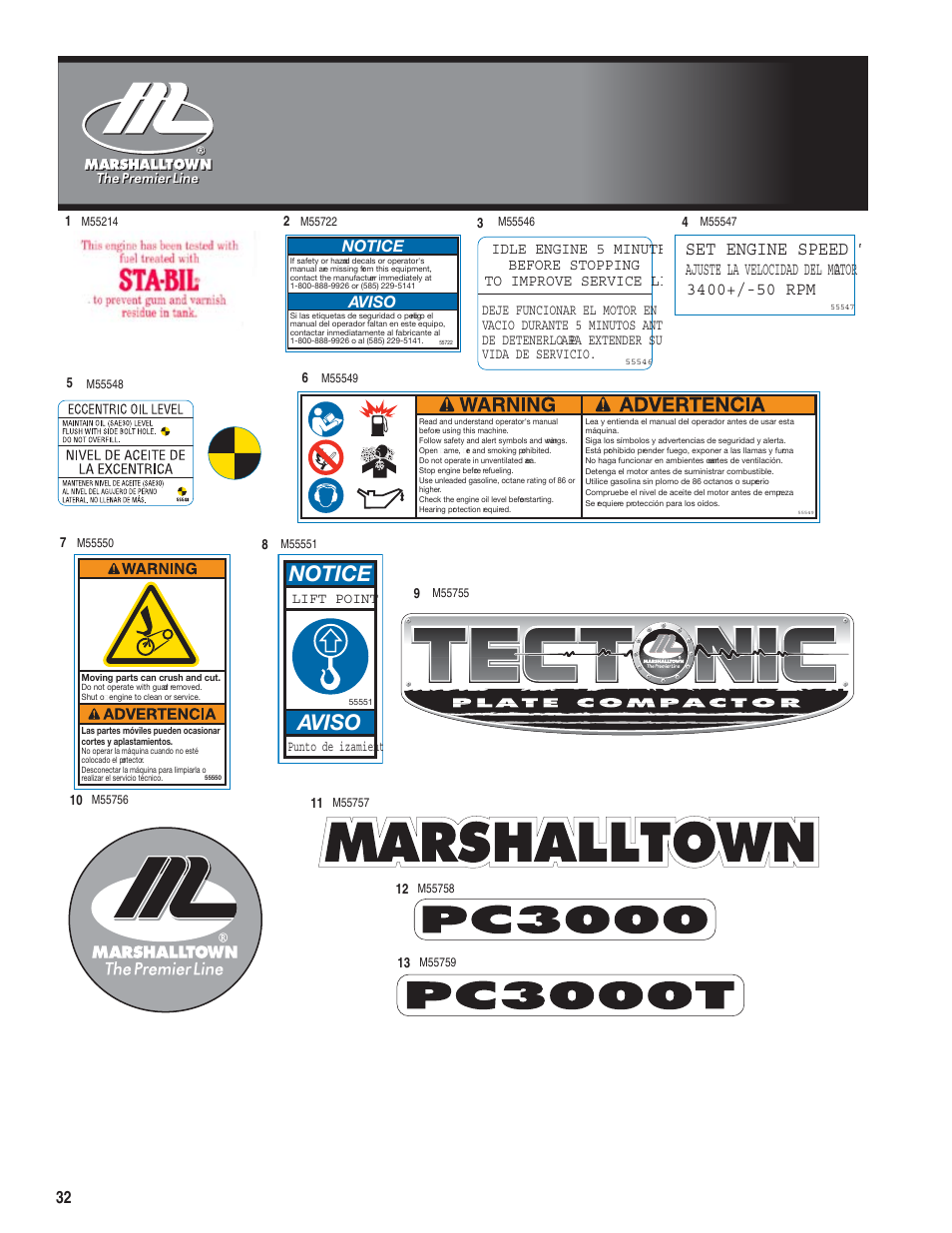 Notice, Aviso, Set engine speed to | Ajuste la velocidad del motor a, Notice aviso | Marshalltown PC3000T Parts Manual User Manual | Page 32 / 36