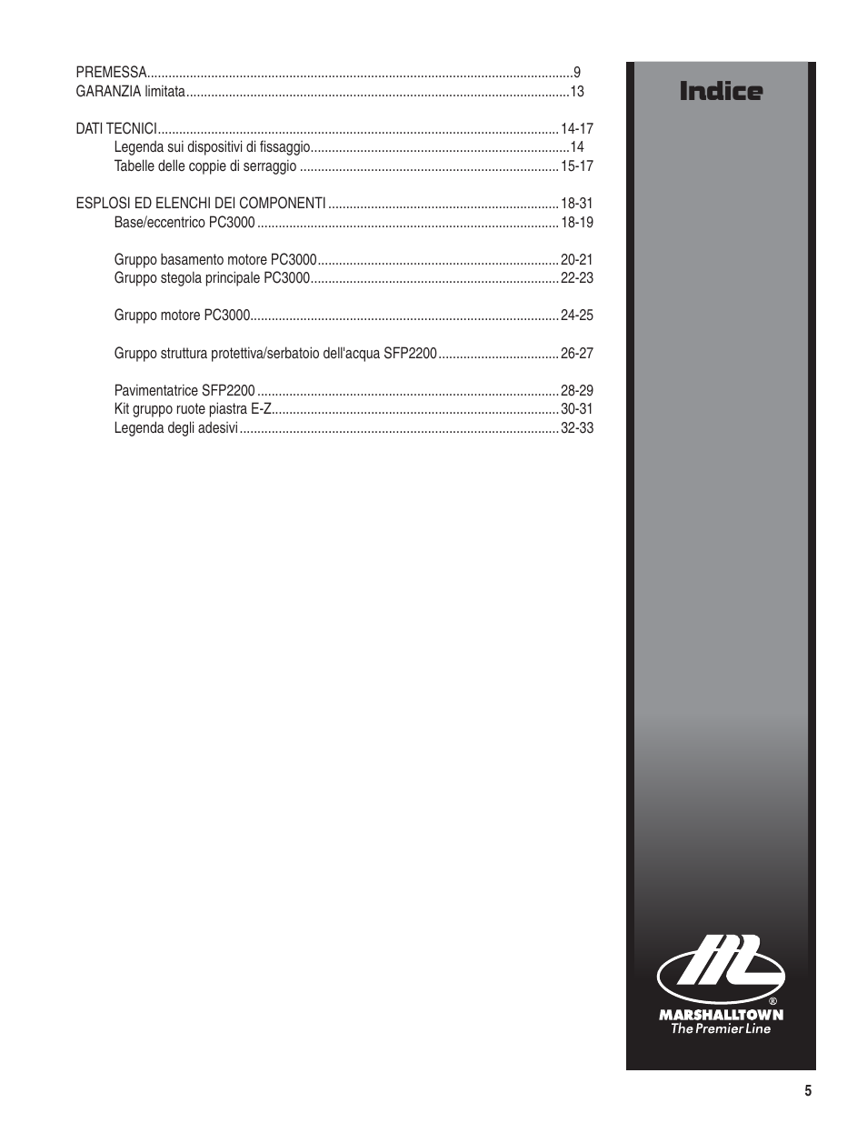 Indice | Marshalltown PC3000T Parts Manual User Manual | Page 5 / 36