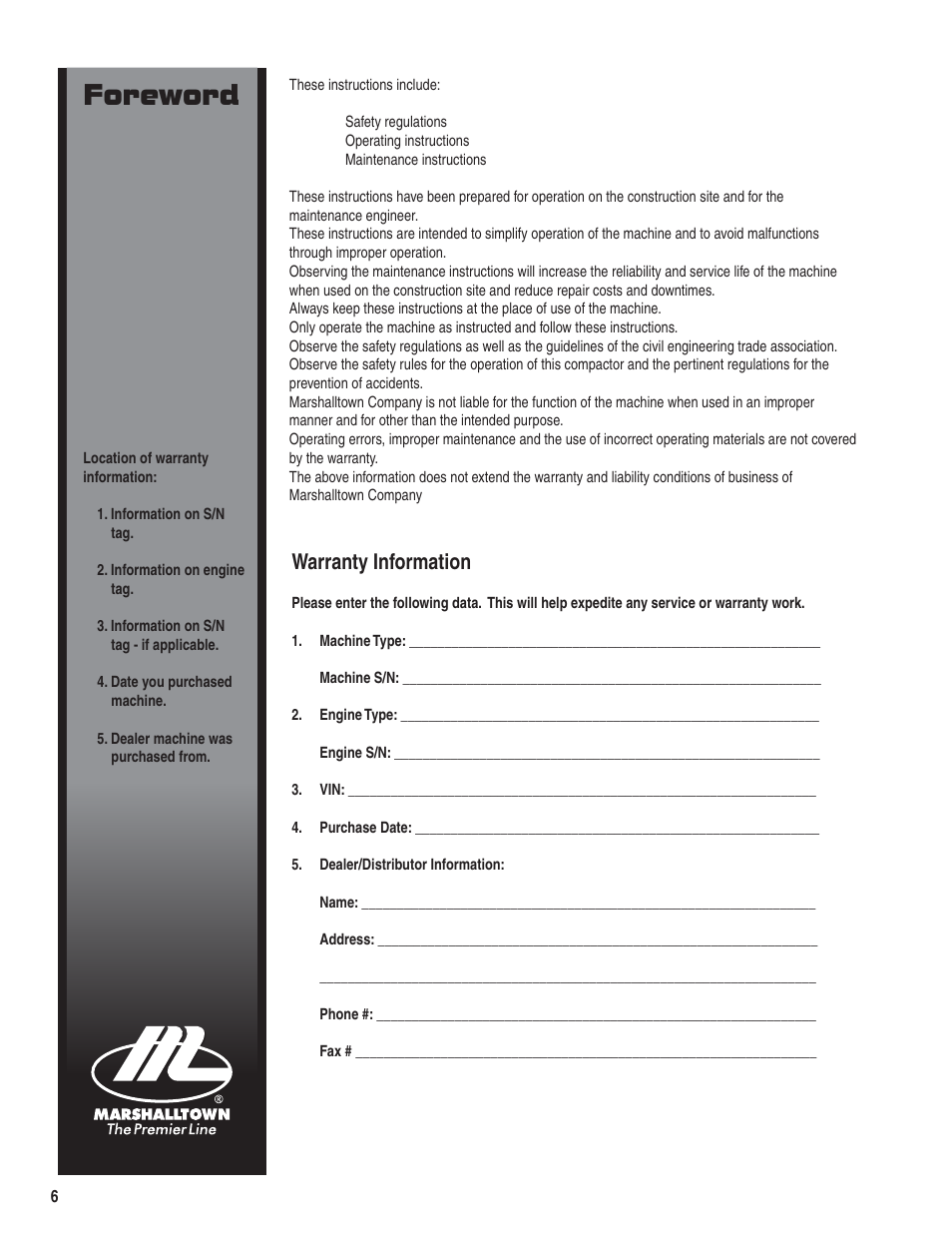 Foreword, Warranty information | Marshalltown PC3000T Parts Manual User Manual | Page 6 / 36