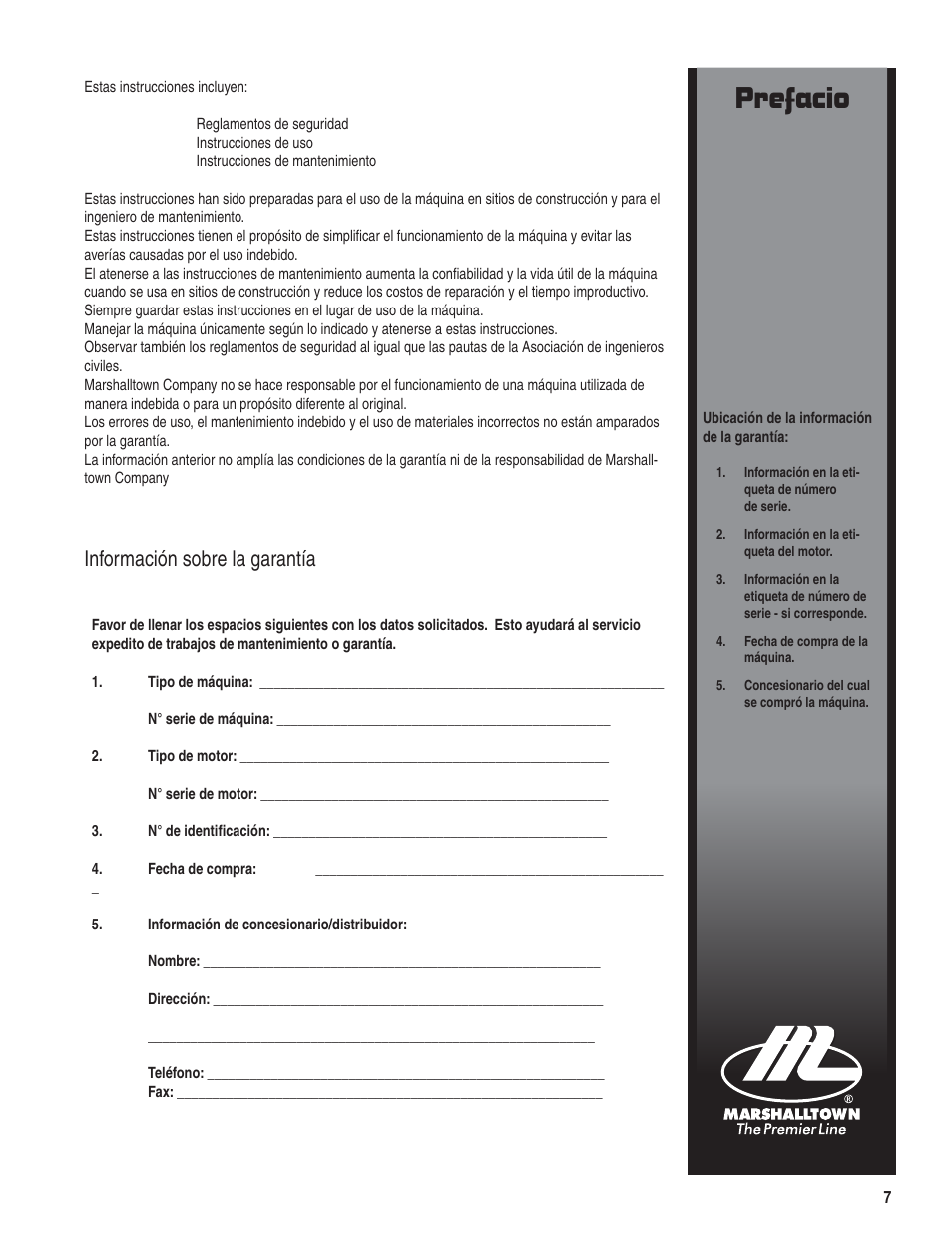Prefacio, Información sobre la garantía | Marshalltown PC3000T Parts Manual User Manual | Page 7 / 36
