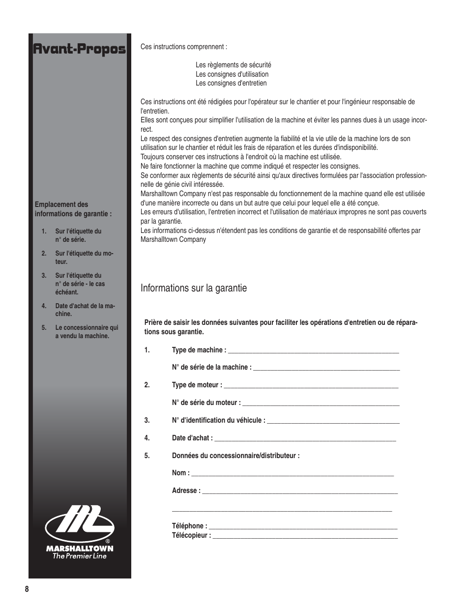 Avant-propos, Informations sur la garantie | Marshalltown PC3000T Parts Manual User Manual | Page 8 / 36