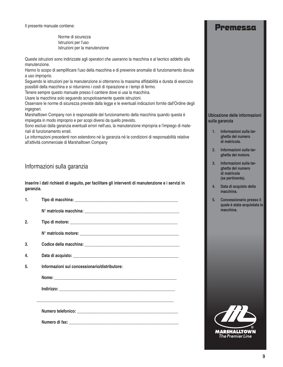 Premessa, Informazioni sulla garanzia | Marshalltown PC3000T Parts Manual User Manual | Page 9 / 36