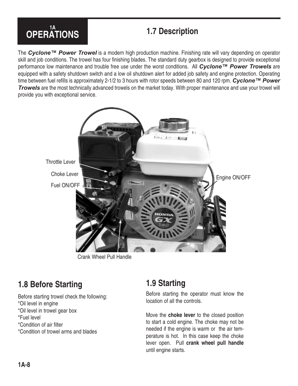 Operations, 8 before starting, 9 starting | 7 description | Marshalltown 46E11 Cyclone Power Trowels User Manual | Page 10 / 24