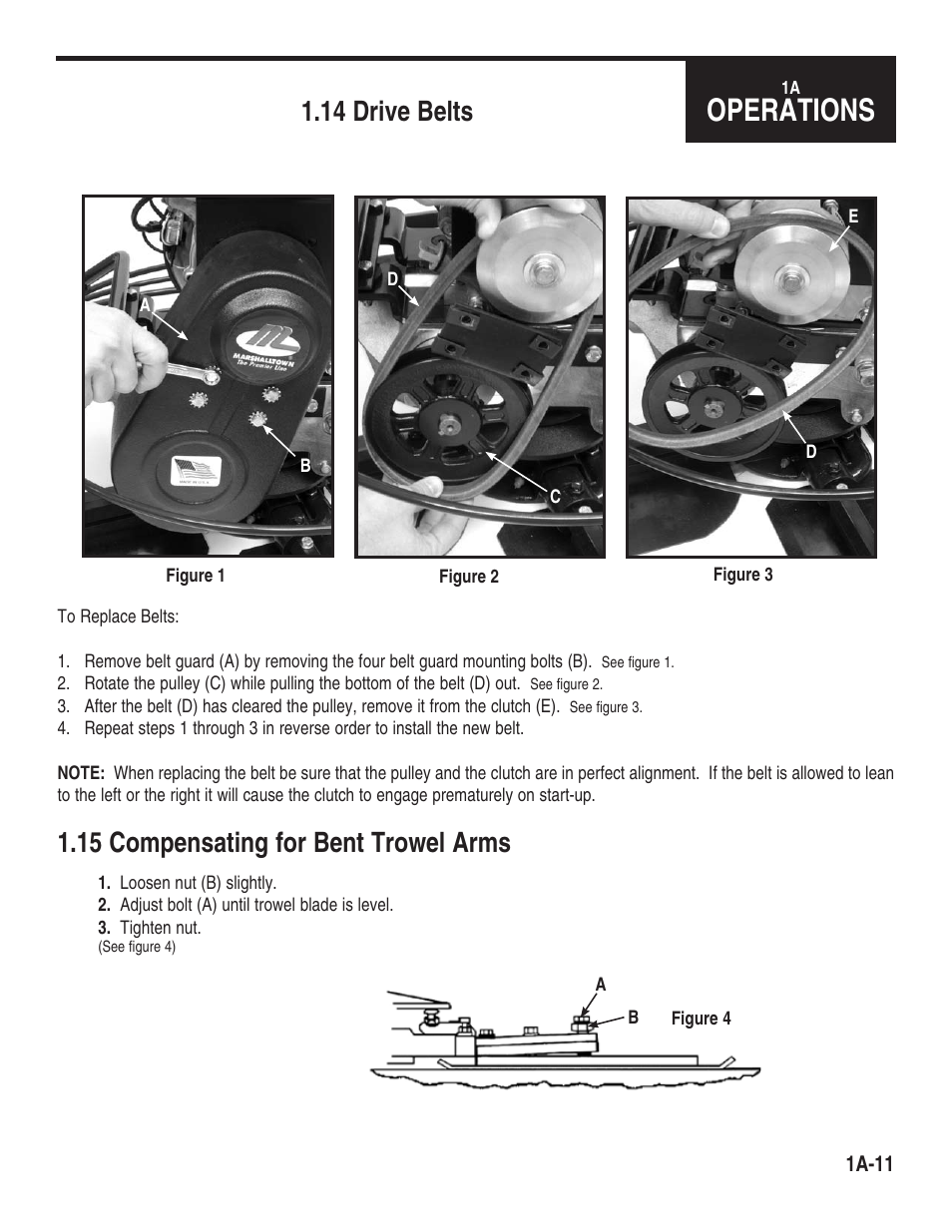 Operations, 14 drive belts, 15 compensating for bent trowel arms | Marshalltown 46E11 Cyclone Power Trowels User Manual | Page 13 / 24