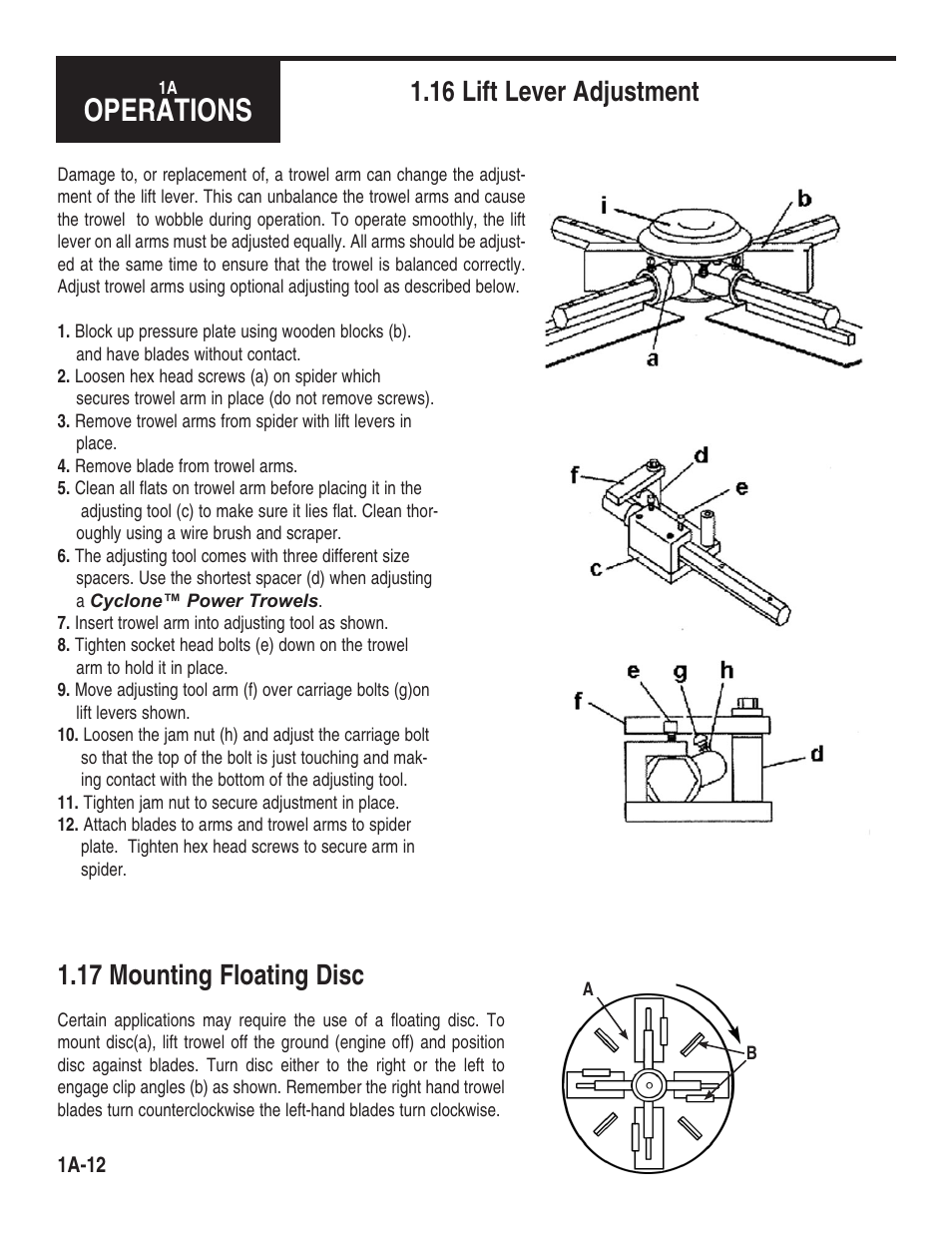 Operations, 16 lift lever adjustment, 17 mounting floating disc | Marshalltown 46E11 Cyclone Power Trowels User Manual | Page 14 / 24