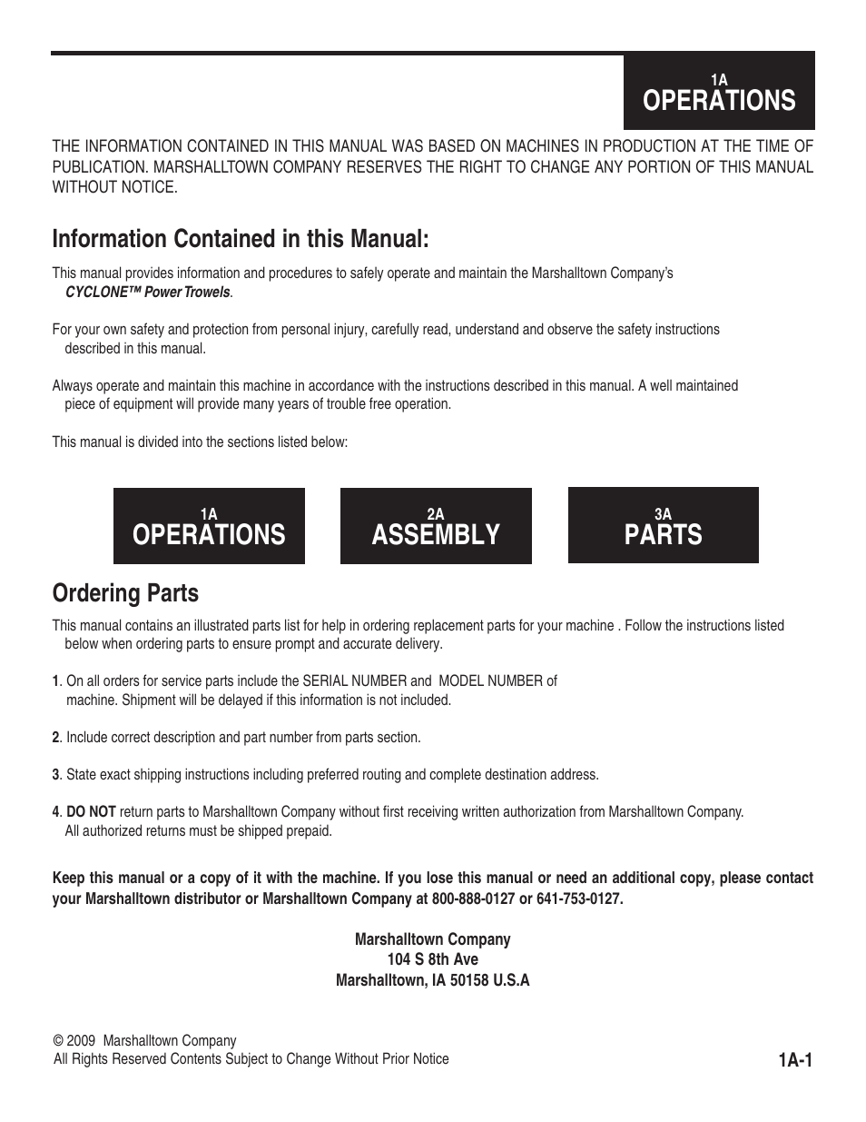 Operations, Assembly, Parts | Information contained in this manual, Ordering parts | Marshalltown 46E11 Cyclone Power Trowels User Manual | Page 3 / 24
