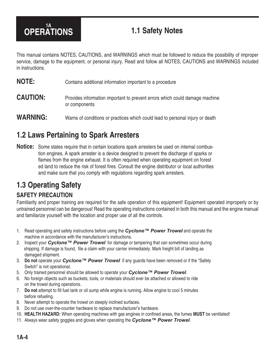 Operations, 2 laws pertaining to spark arresters, 3 operating safety | Caution, Warning | Marshalltown 46E11 Cyclone Power Trowels User Manual | Page 6 / 24