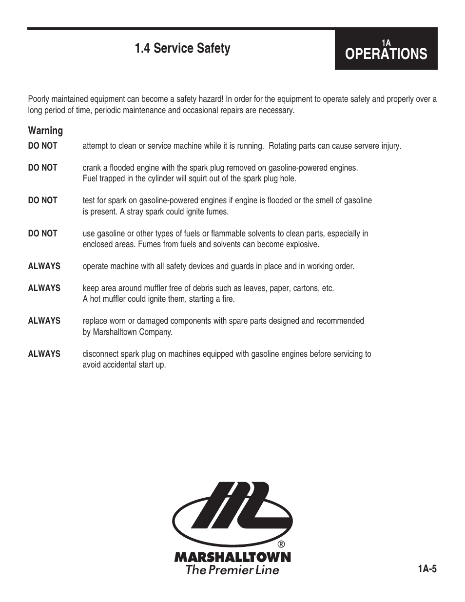 Operations, 4 service safety | Marshalltown 46E11 Cyclone Power Trowels User Manual | Page 7 / 24