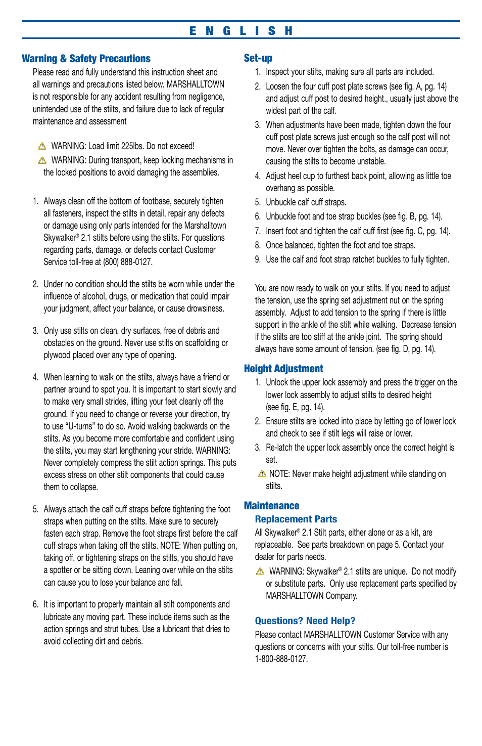 Marshalltown SKY2124 SkyWalker Stilts 2.1 Usage Guide User Manual | Page 2 / 16