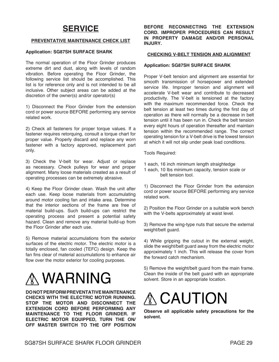 Service | Marshalltown SG87SH SURFACE SHARK Floor Grinder User Manual | Page 29 / 52