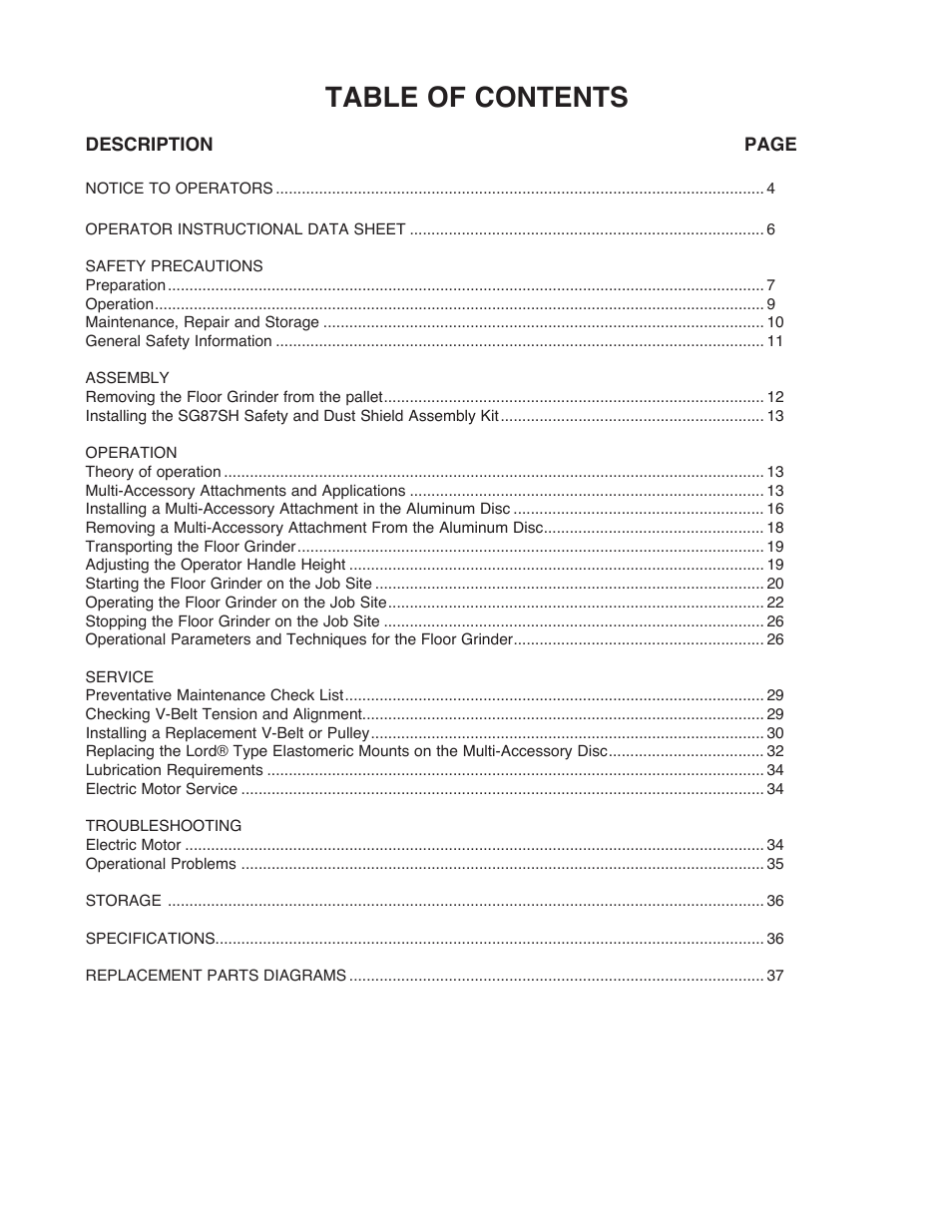 Marshalltown SG87SH SURFACE SHARK Floor Grinder User Manual | Page 3 / 52