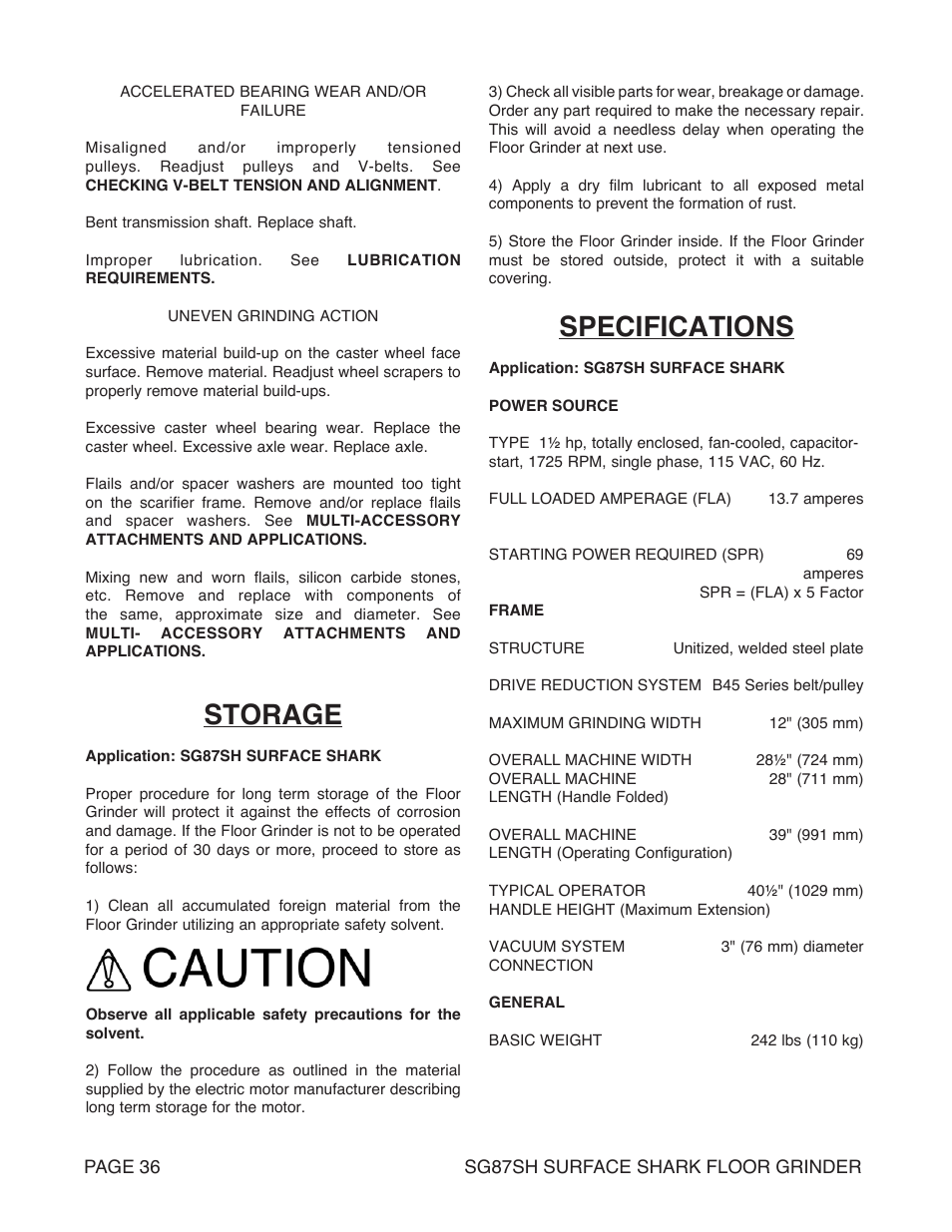 Storage, Specifications | Marshalltown SG87SH SURFACE SHARK Floor Grinder User Manual | Page 36 / 52