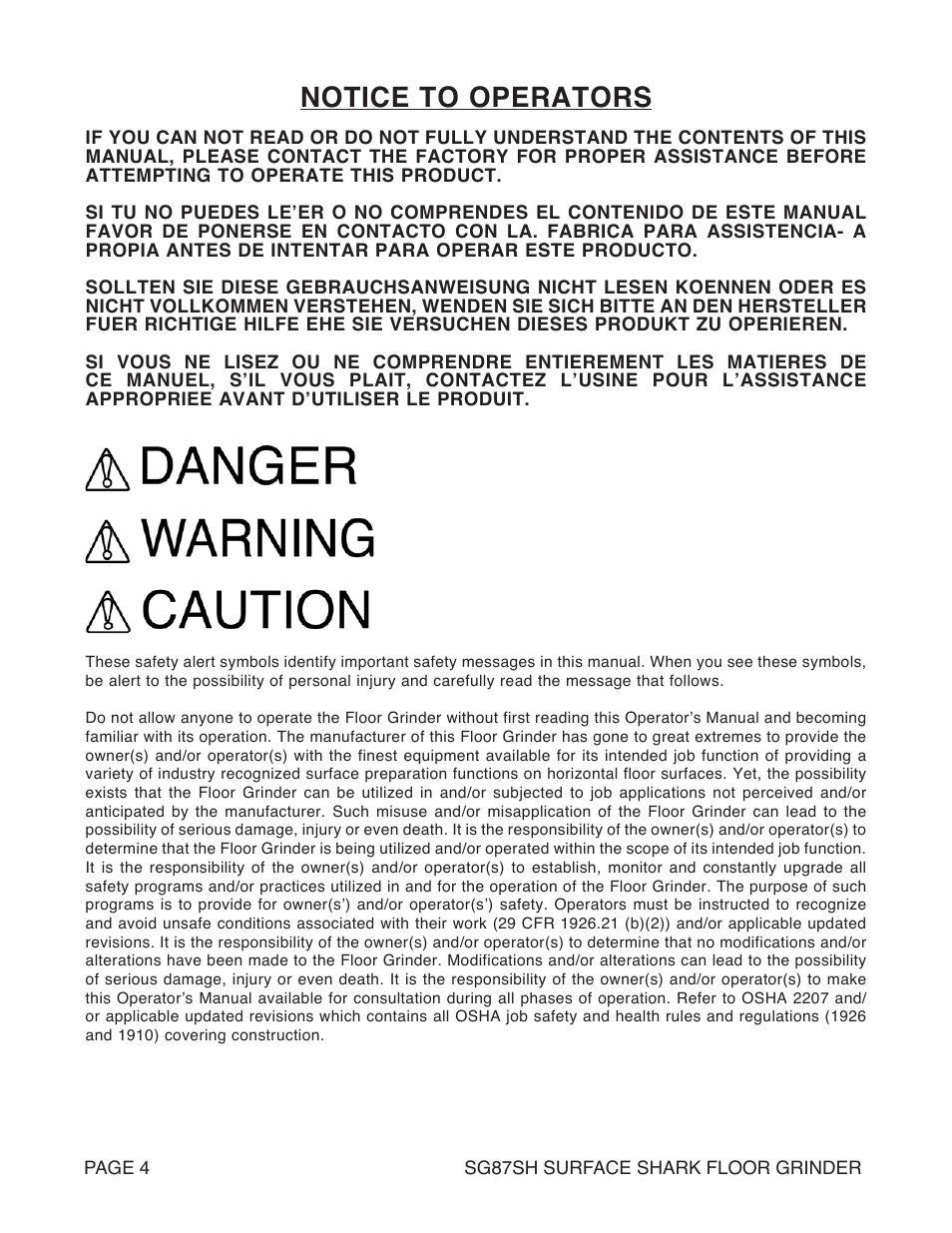 Notice to operators | Marshalltown SG87SH SURFACE SHARK Floor Grinder User Manual | Page 4 / 52