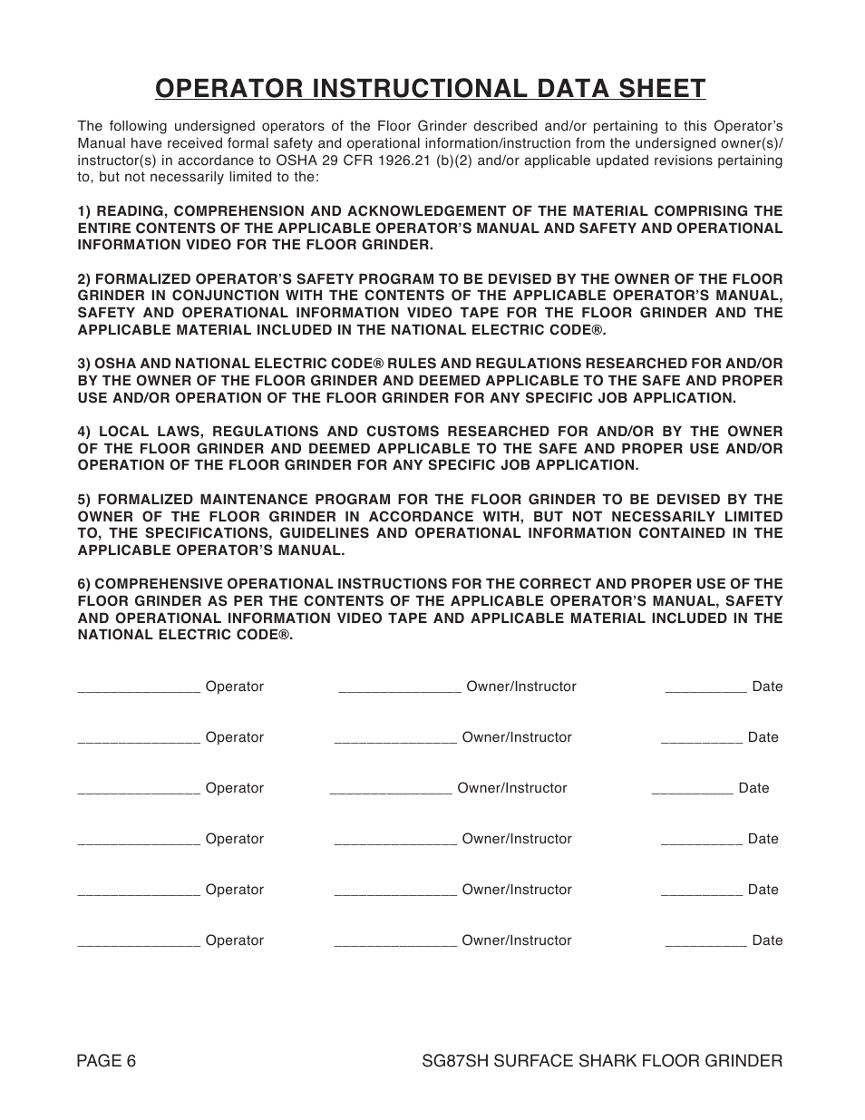 Operator instructional data sheet | Marshalltown SG87SH SURFACE SHARK Floor Grinder User Manual | Page 6 / 52