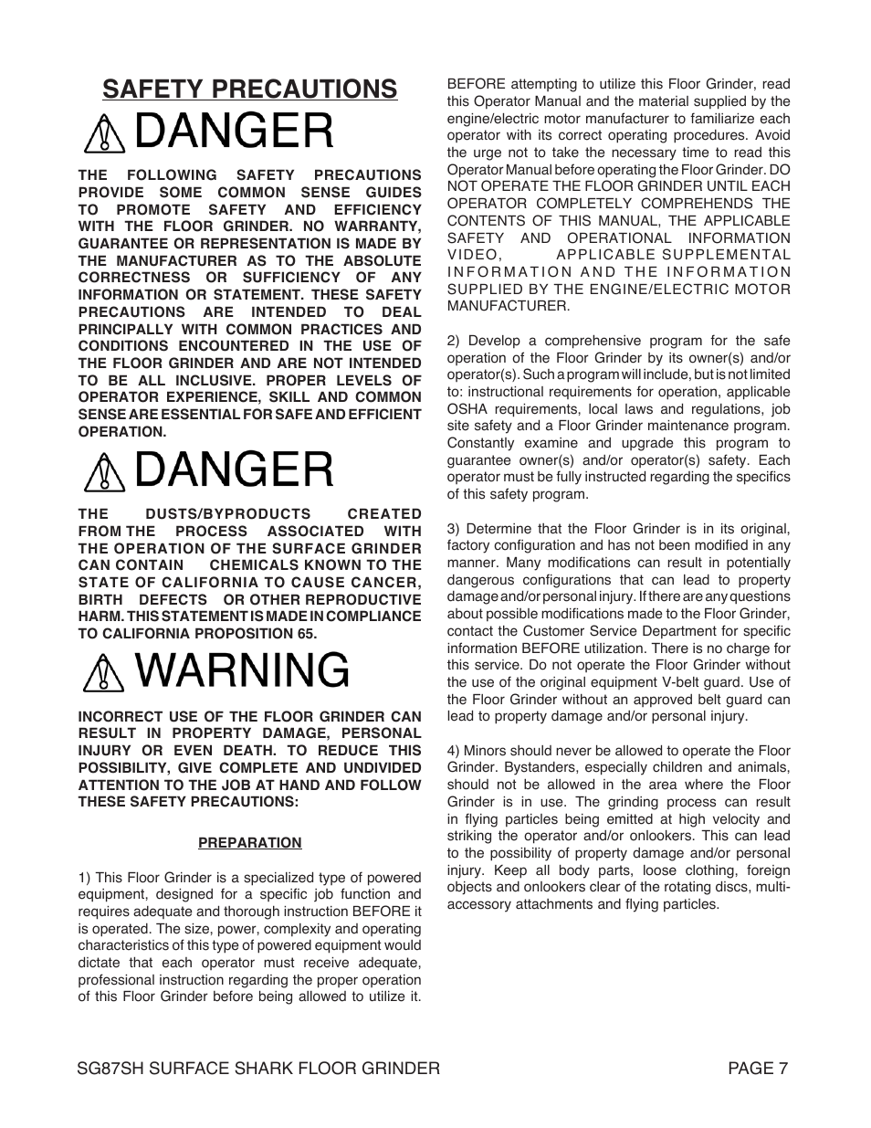 Safety precautions | Marshalltown SG87SH SURFACE SHARK Floor Grinder User Manual | Page 7 / 52