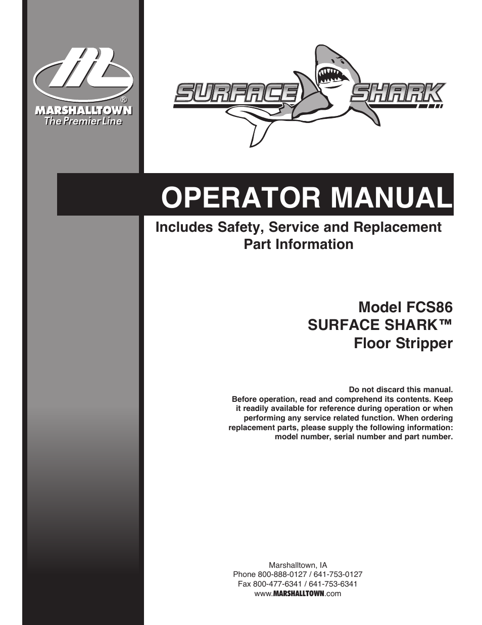 Marshalltown FCS86 SURFACE SHARK Floor Stripper User Manual | 44 pages