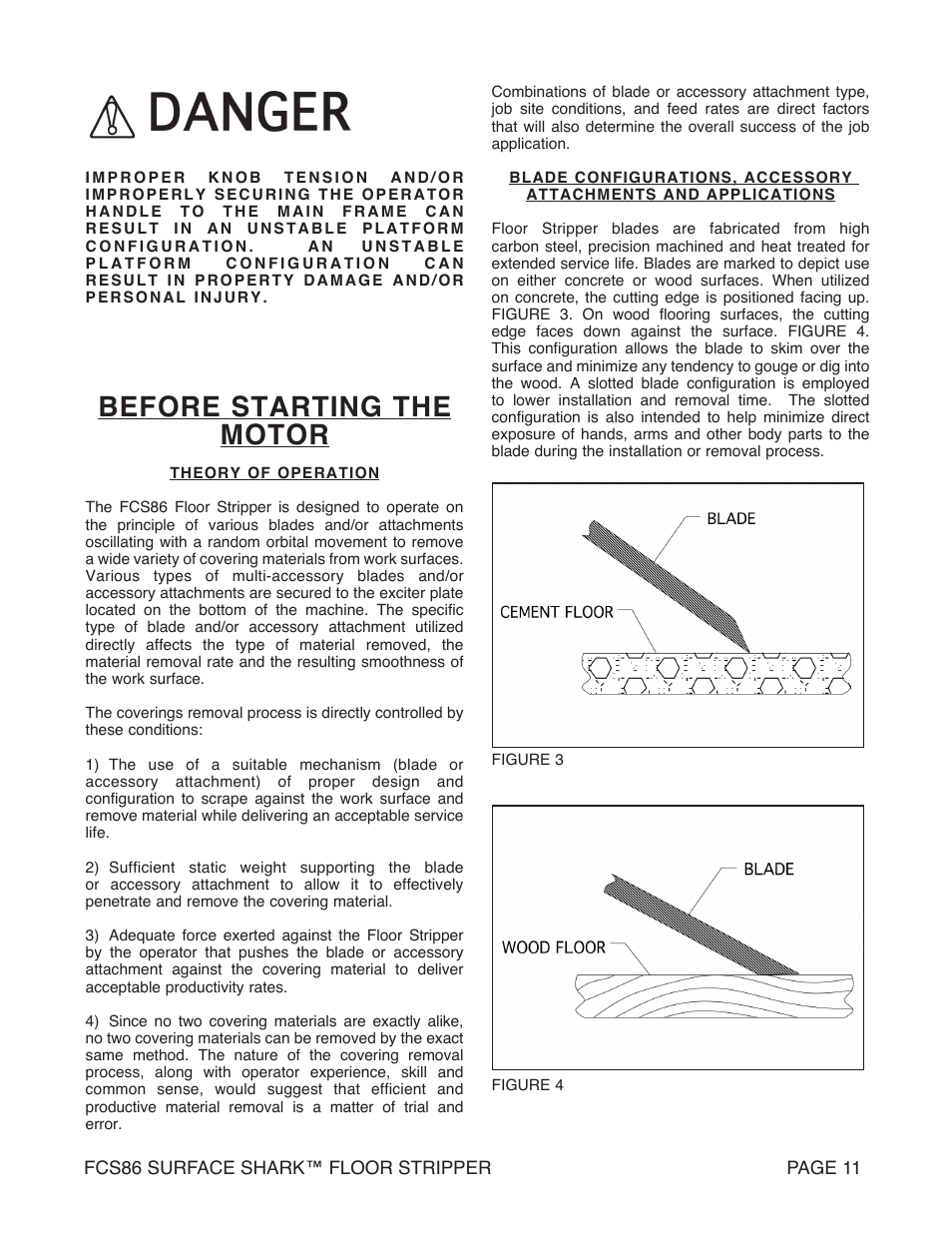 Before starting the motor | Marshalltown FCS86 SURFACE SHARK Floor Stripper User Manual | Page 11 / 44