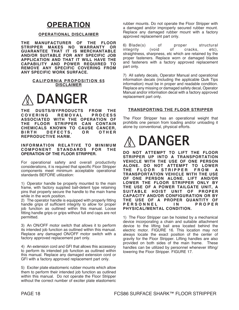 Operation | Marshalltown FCS86 SURFACE SHARK Floor Stripper User Manual | Page 18 / 44