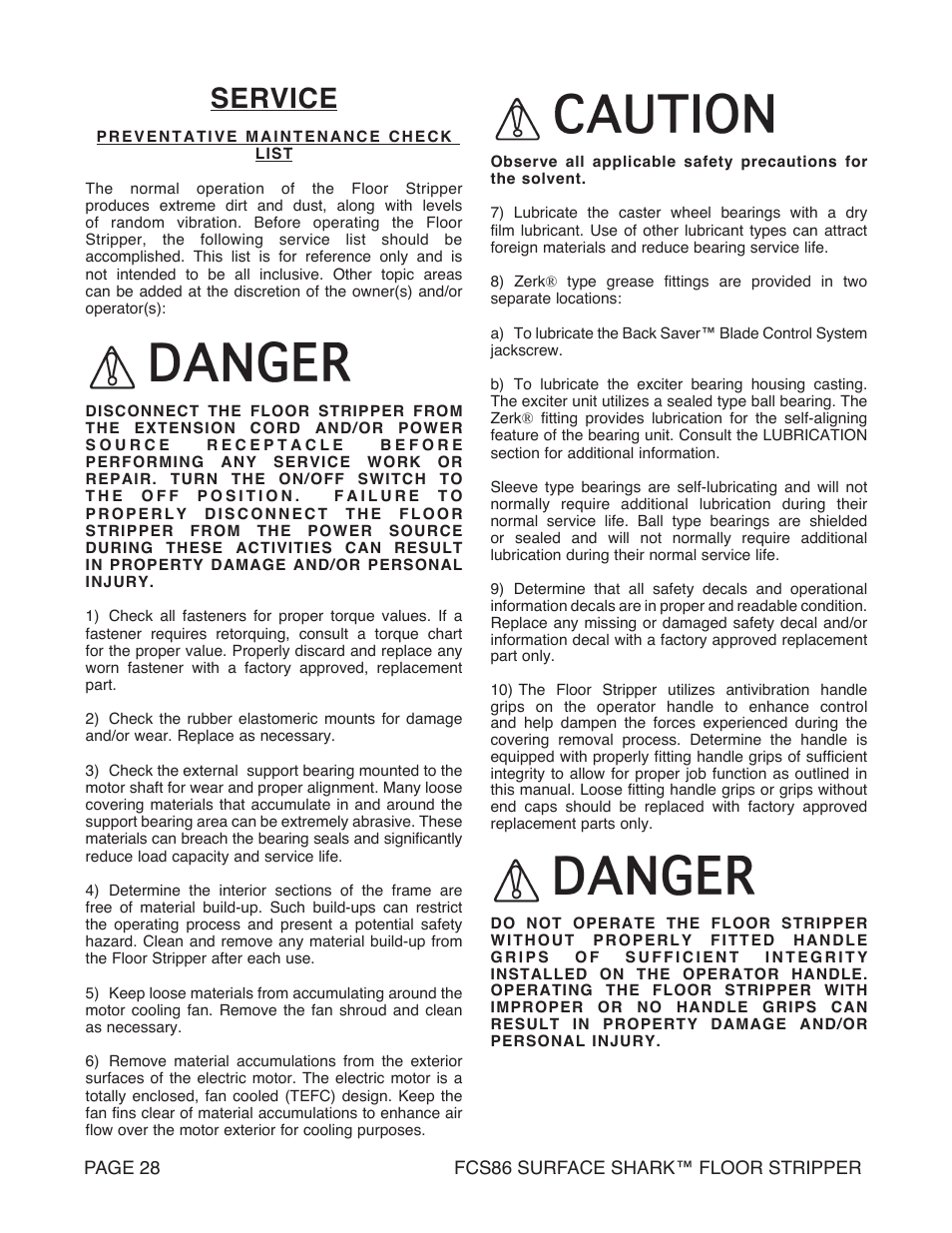 Service | Marshalltown FCS86 SURFACE SHARK Floor Stripper User Manual | Page 28 / 44