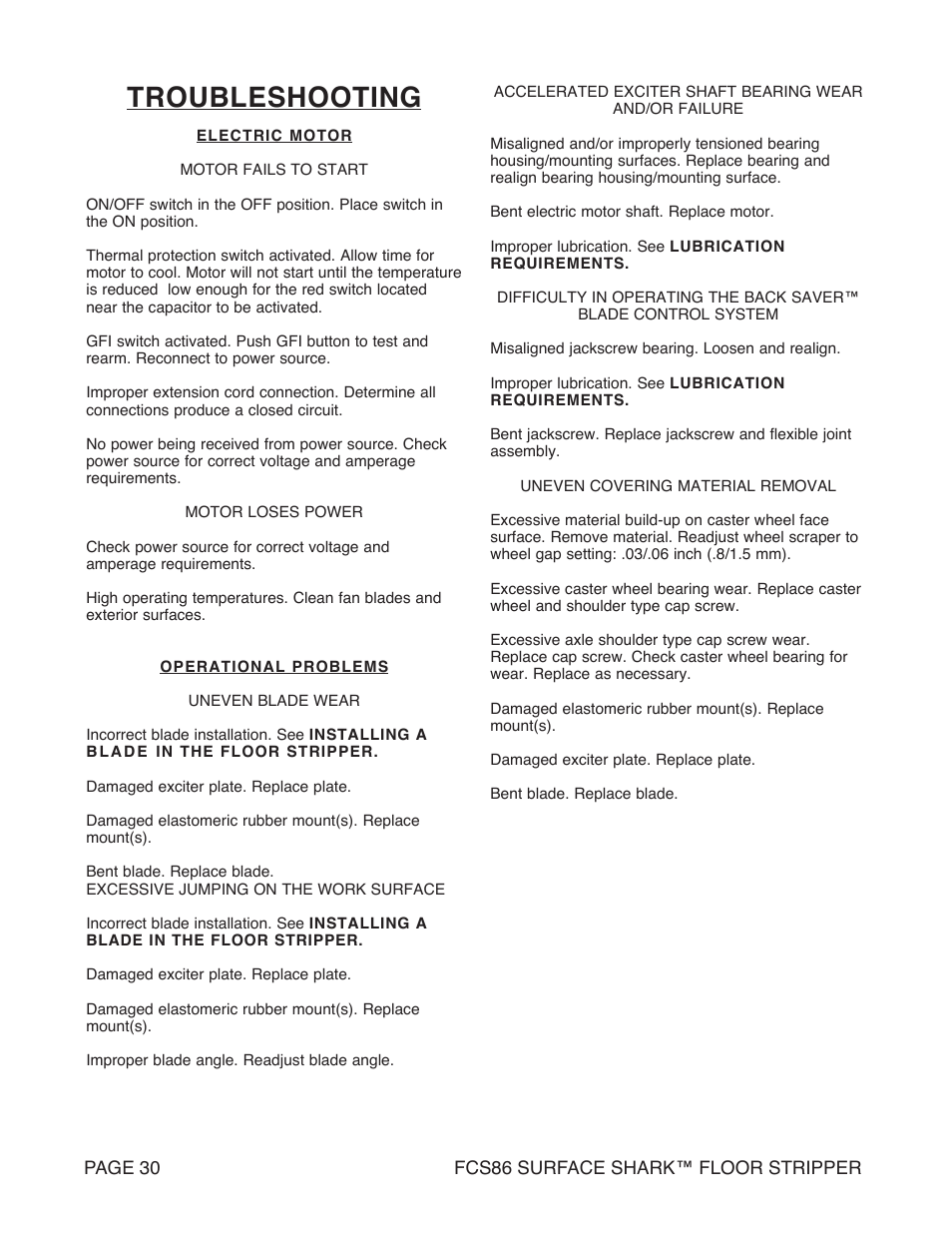 Troubleshooting | Marshalltown FCS86 SURFACE SHARK Floor Stripper User Manual | Page 30 / 44