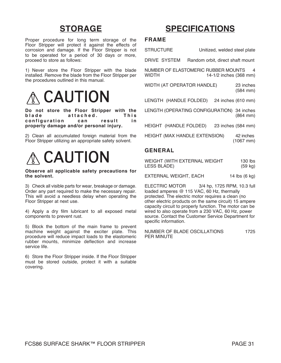 Storage, Specifications | Marshalltown FCS86 SURFACE SHARK Floor Stripper User Manual | Page 31 / 44