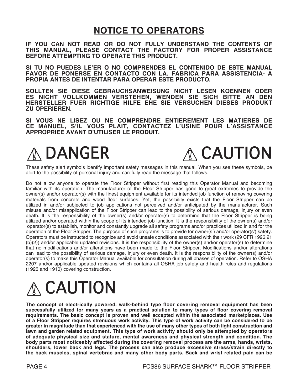 Notice to operators | Marshalltown FCS86 SURFACE SHARK Floor Stripper User Manual | Page 4 / 44