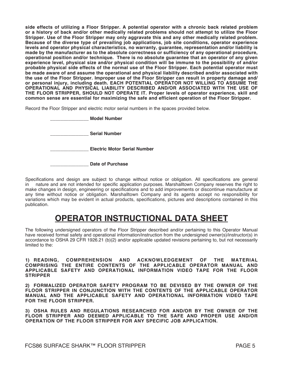 Operator instructional data sheet | Marshalltown FCS86 SURFACE SHARK Floor Stripper User Manual | Page 5 / 44