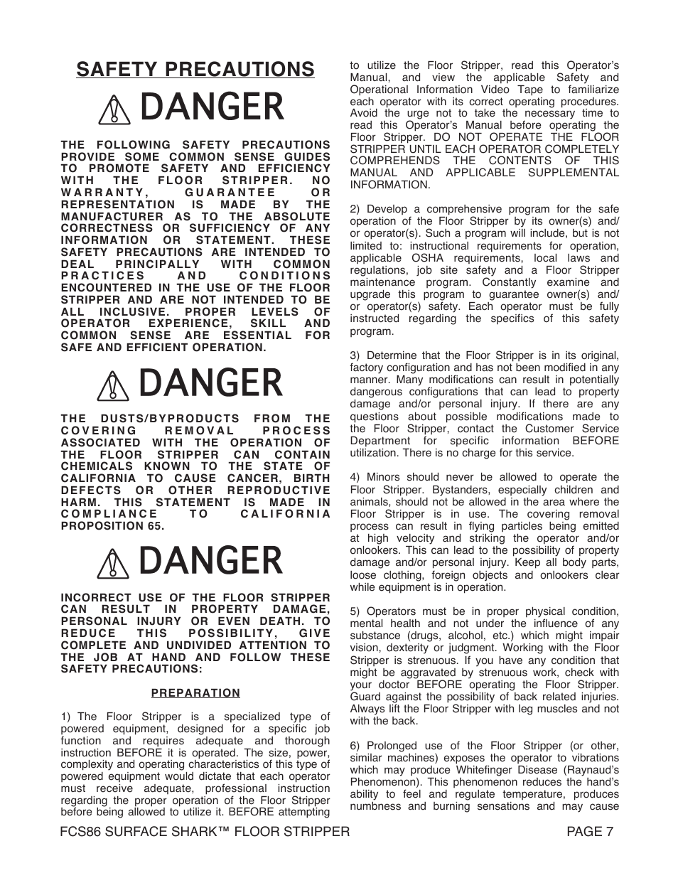 Safety precautions | Marshalltown FCS86 SURFACE SHARK Floor Stripper User Manual | Page 7 / 44