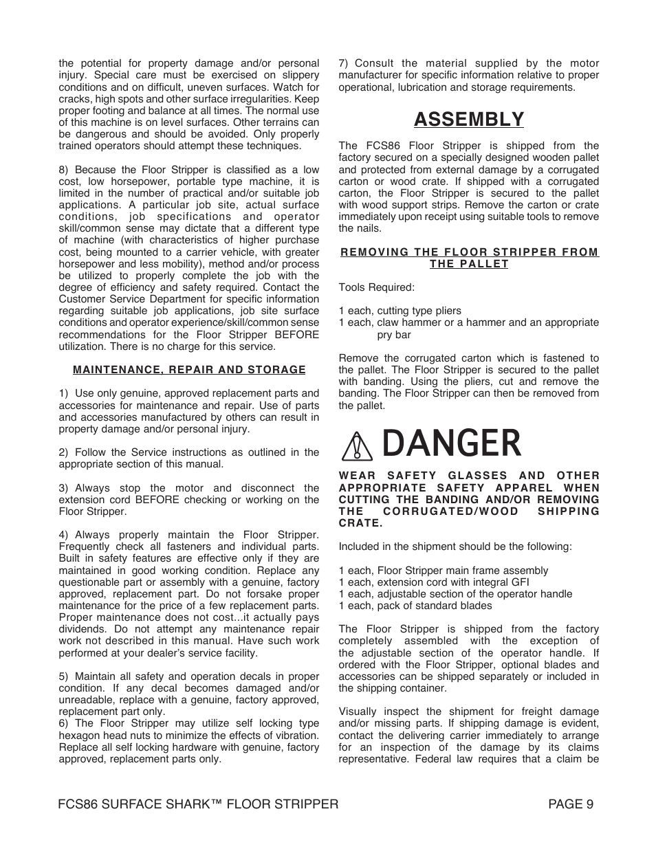 Assembly | Marshalltown FCS86 SURFACE SHARK Floor Stripper User Manual | Page 9 / 44