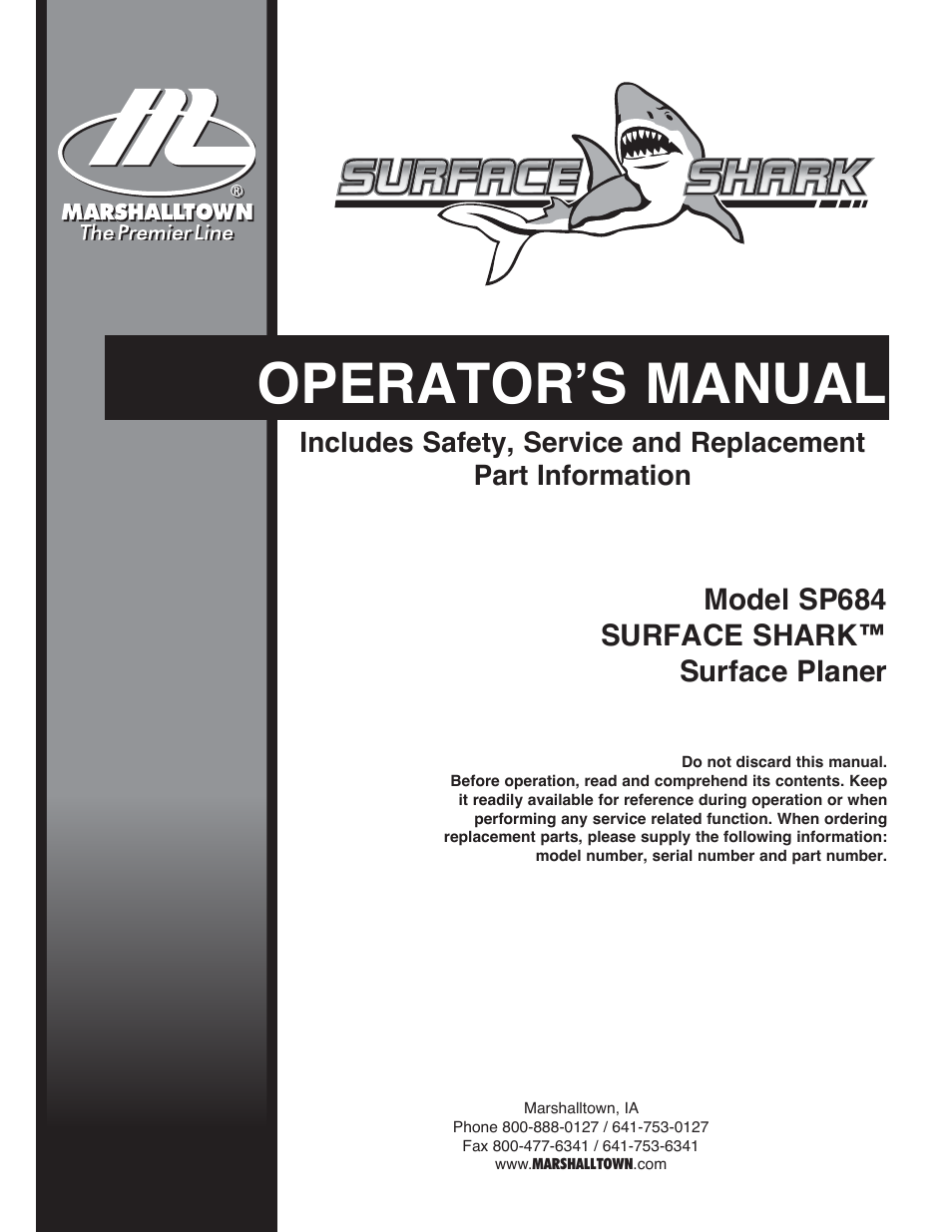 Marshalltown SP684 SURFACE SHARK Surface Planer User Manual | 60 pages